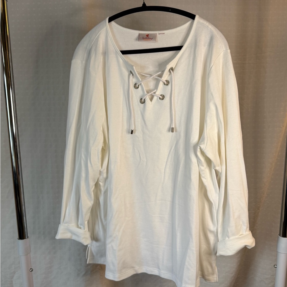 Quacker Factory Cream Lace-Up Long Sleeve Top